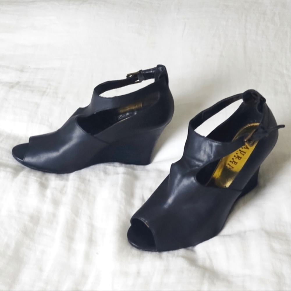 RALPH LAUREN Leather Hannie Black Wedges